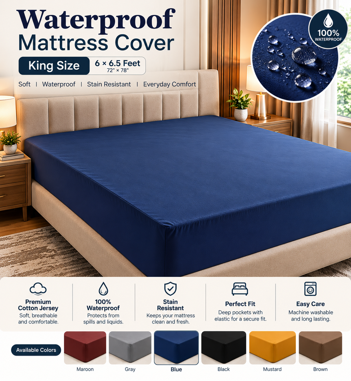 Waterproof Mattress Cover King Size β Cotton Jersey