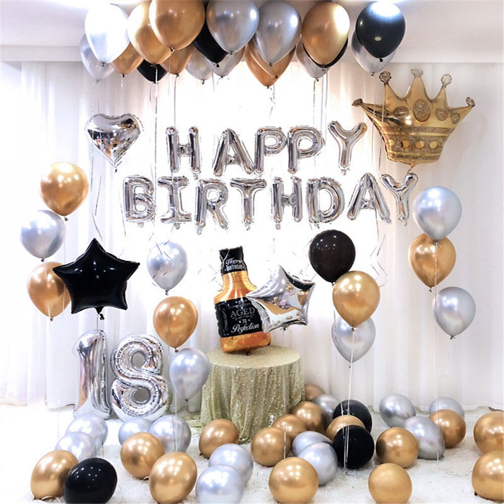 1set Gold Silver Metal Latex Balloons 16 18 21 30 40 50Years Number Happy Birthday Anniversary Party Decor Adult Balloon Globos