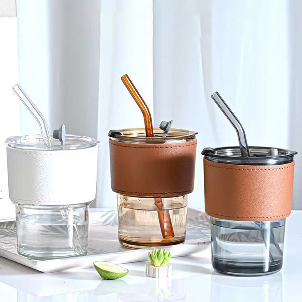 Coffee Cup Glass Mug Cups with Lids and Straws