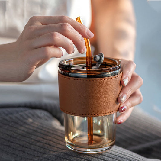 Coffee Cup Glass Mug Cups with Lids and Straws