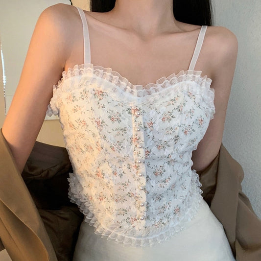 Women Vintage Camisole Summer Floral Girls Single-breasted Pearl Button Lace Crop Top