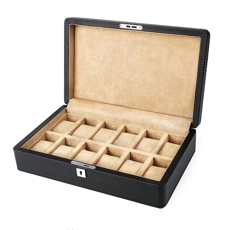 12 Slots Leather Watch Box Black Watch Storage Box