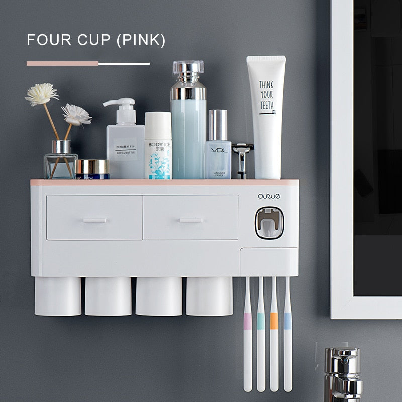 Bathroom Accessories Set Magnetic Adsorption Toothbrush Holder  Automatic Toothpaste Dispenser with Cup Wall Mount Storage Rack