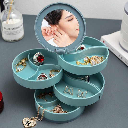Jewelry Storage Box Multilayer Rotating Plastic Jewelry Stand Earrings Ring Box Cosmetics Beauty Container Organizer with Mirror