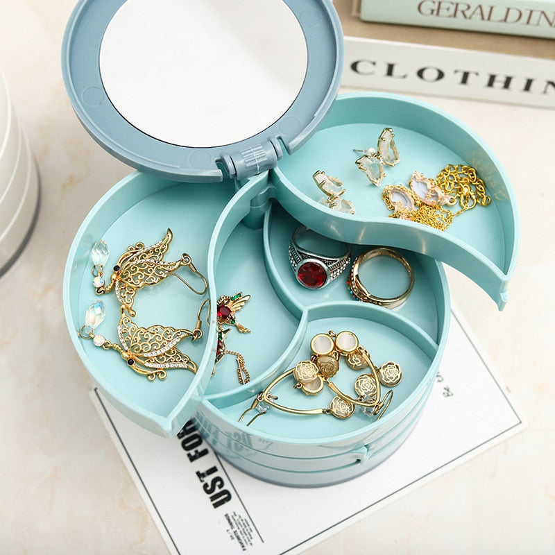 Jewelry Storage Box Multilayer Rotating Plastic Jewelry Stand Earrings Ring Box Cosmetics Beauty Container Organizer with Mirror