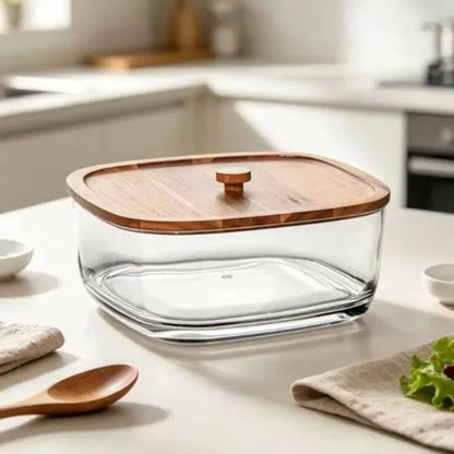 Wooden Stand Glass Salad Bowl, Luxury Glass Salad Serving Bowl With Spoon, Elegant Glass Salad Bowl With Wooden Base