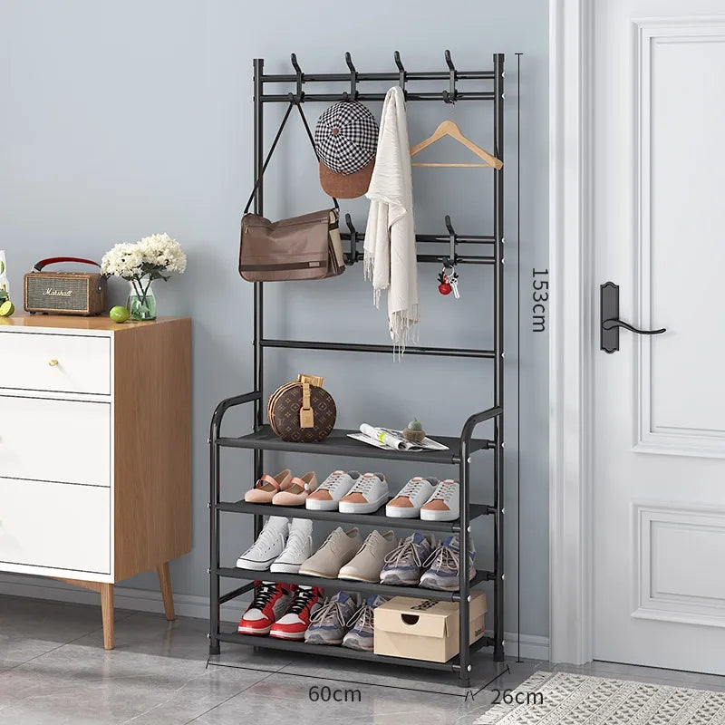 Step up your organization game with our 4-layer shoe stand featuring hooks for your essentials! 👟🧥