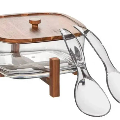 Wooden Stand Glass Salad Bowl, Luxury Glass Salad Serving Bowl With Spoon, Elegant Glass Salad Bowl With Wooden Base