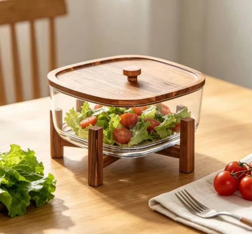 Wooden Stand Glass Salad Bowl, Luxury Glass Salad Serving Bowl With Spoon, Elegant Glass Salad Bowl With Wooden Base