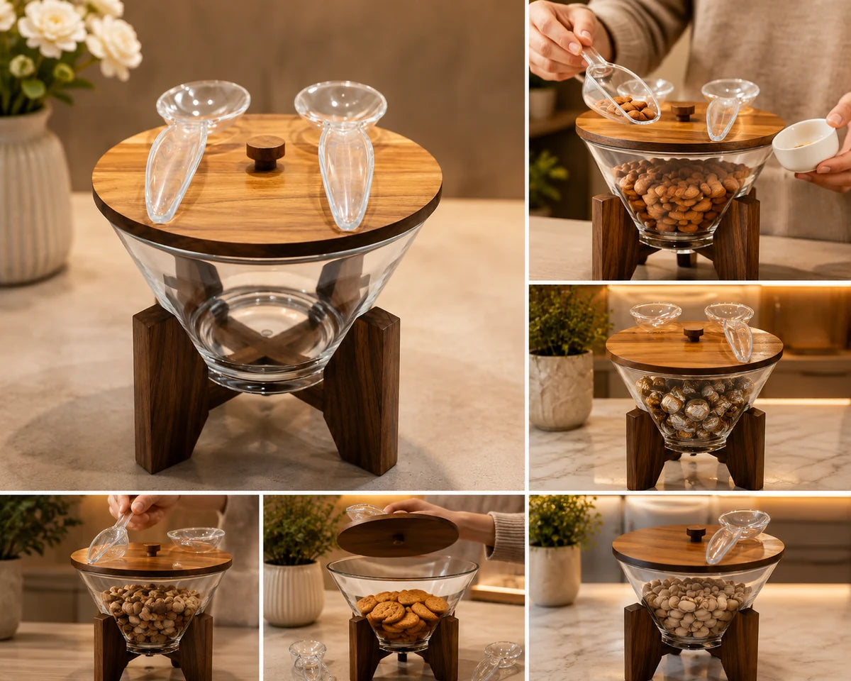 Wooden Stand Glass Salad Bowl, Luxury Glass Salad Serving Bowl With Spoon, Elegant Glass Salad Bowl With Wooden Base