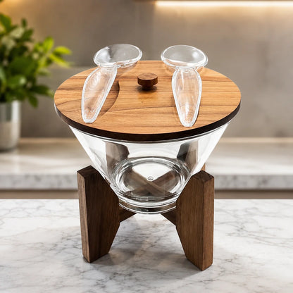 Wooden Stand Glass Salad Bowl, Luxury Glass Salad Serving Bowl With Spoon, Elegant Glass Salad Bowl With Wooden Base