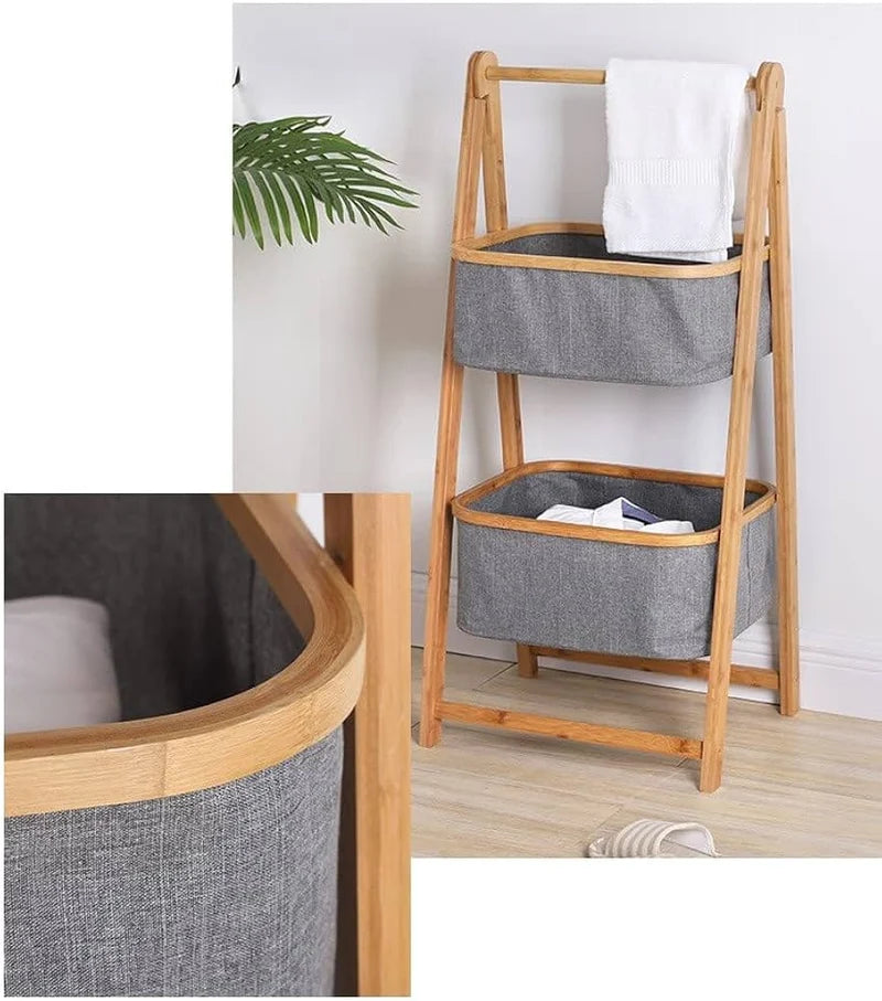 Multi Layer Bamboo Laundry Storage Organizer, Double Layer Bamboo Laundry Rack, Foldable Bamboo Laundry Basket Stand, Laundry Basket And Storage Organizer