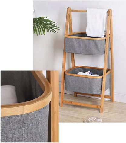 Multi Layer Bamboo Laundry Storage Organizer, Double Layer Bamboo Laundry Rack, Foldable Bamboo Laundry Basket Stand, Laundry Basket And Storage Organizer