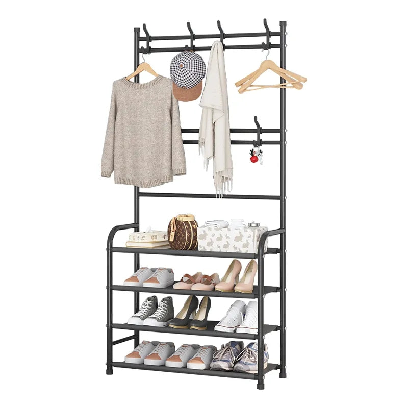 Step up your organization game with our 4-layer shoe stand featuring hooks for your essentials! 👟🧥