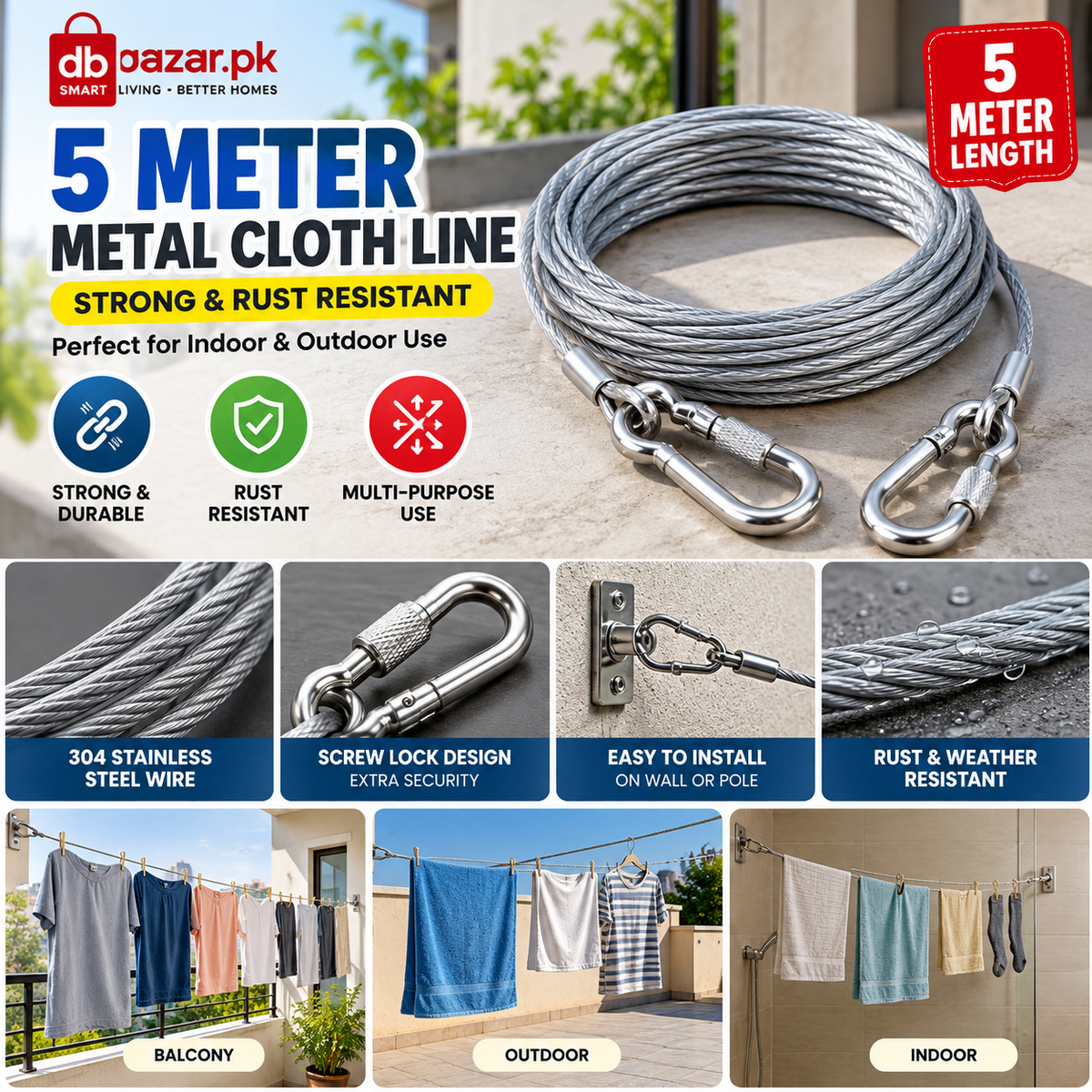 Strong & Rust-Resistant Clothesline – 5 Meter