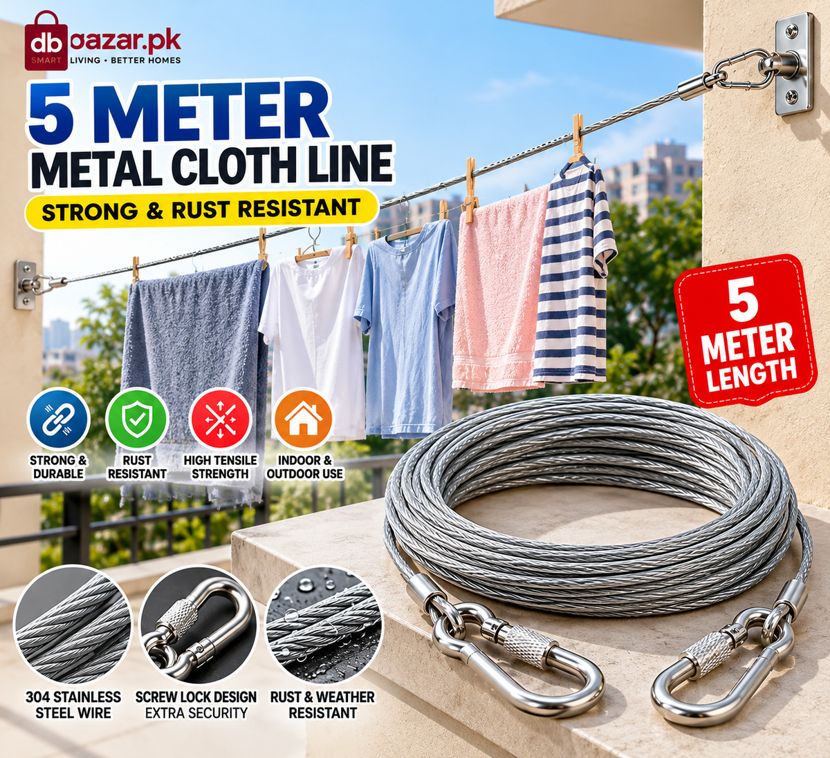 Strong & Rust-Resistant Clothesline – 5 Meter