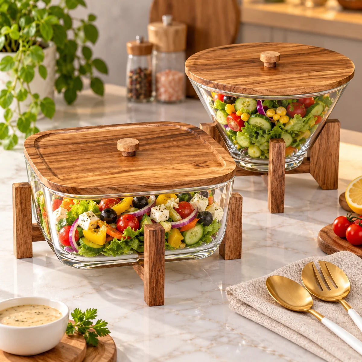 Wooden Stand Glass Salad Bowl, Luxury Glass Salad Serving Bowl With Spoon, Elegant Glass Salad Bowl With Wooden Base