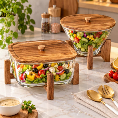 Wooden Stand Glass Salad Bowl, Luxury Glass Salad Serving Bowl With Spoon, Elegant Glass Salad Bowl With Wooden Base