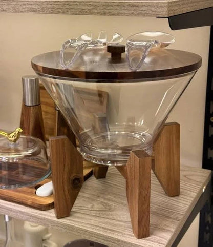 Wooden Stand Glass Salad Bowl, Luxury Glass Salad Serving Bowl With Spoon, Elegant Glass Salad Bowl With Wooden Base