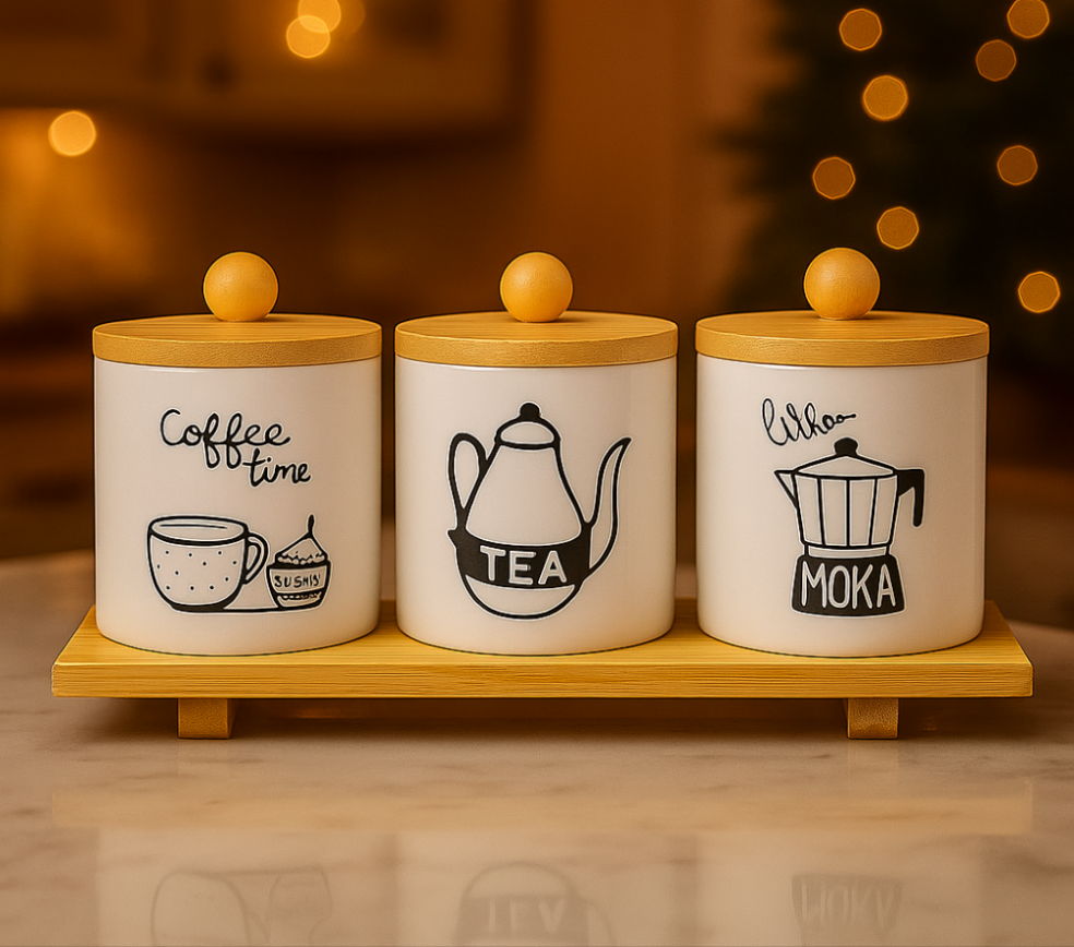 CERAMIC JAR SET WITH BAMBOO LIDS & TRAY - 3- PIECE