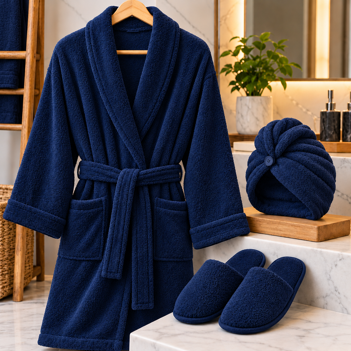 Premium 3-Piece Bathrobe Set with Turban & Slippers
