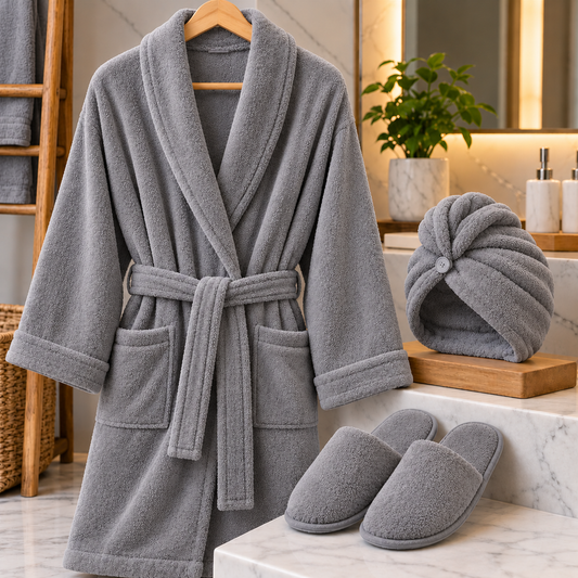 Premium 3-Piece Bathrobe Set with Turban & Slippers
