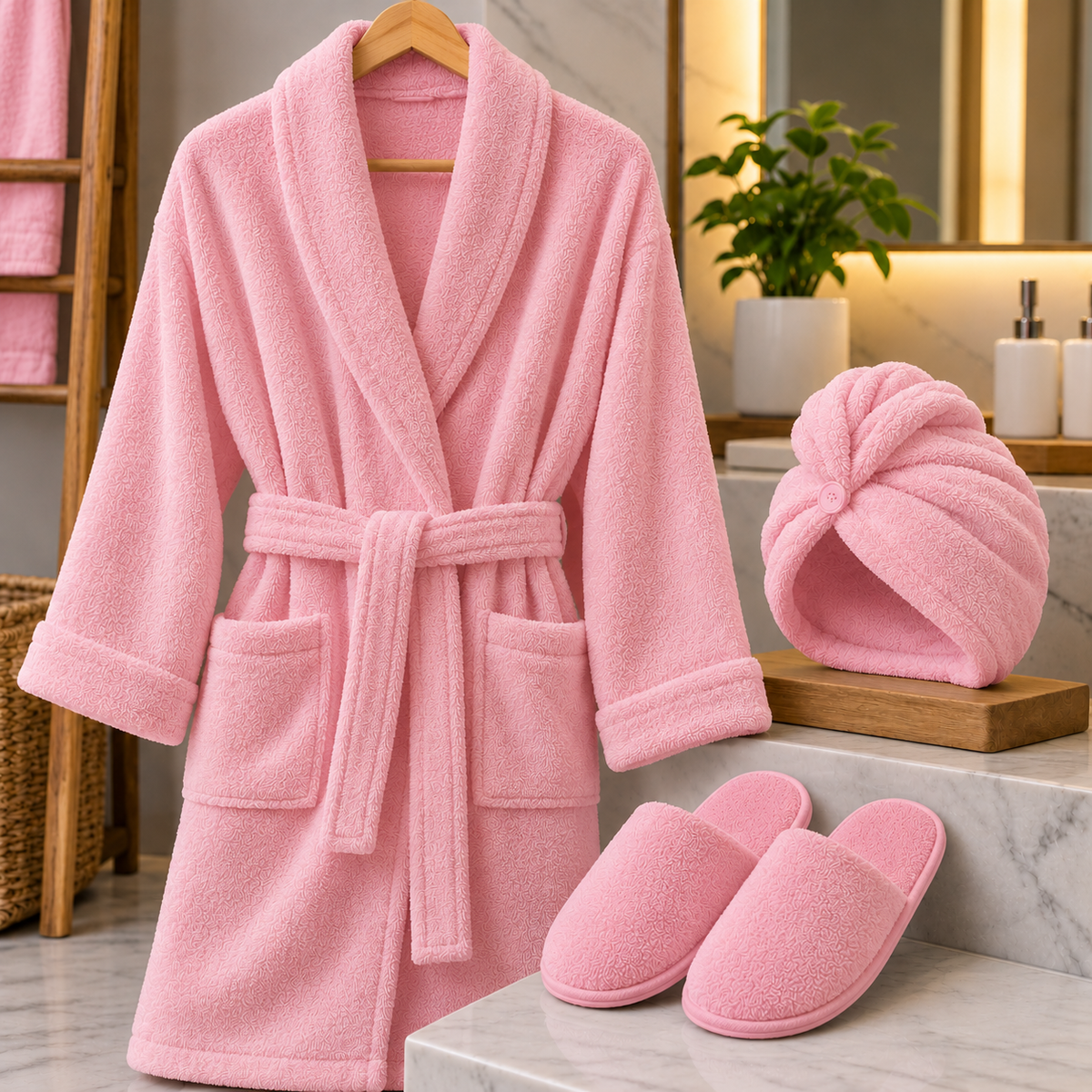Premium 3-Piece Bathrobe Set with Turban & Slippers