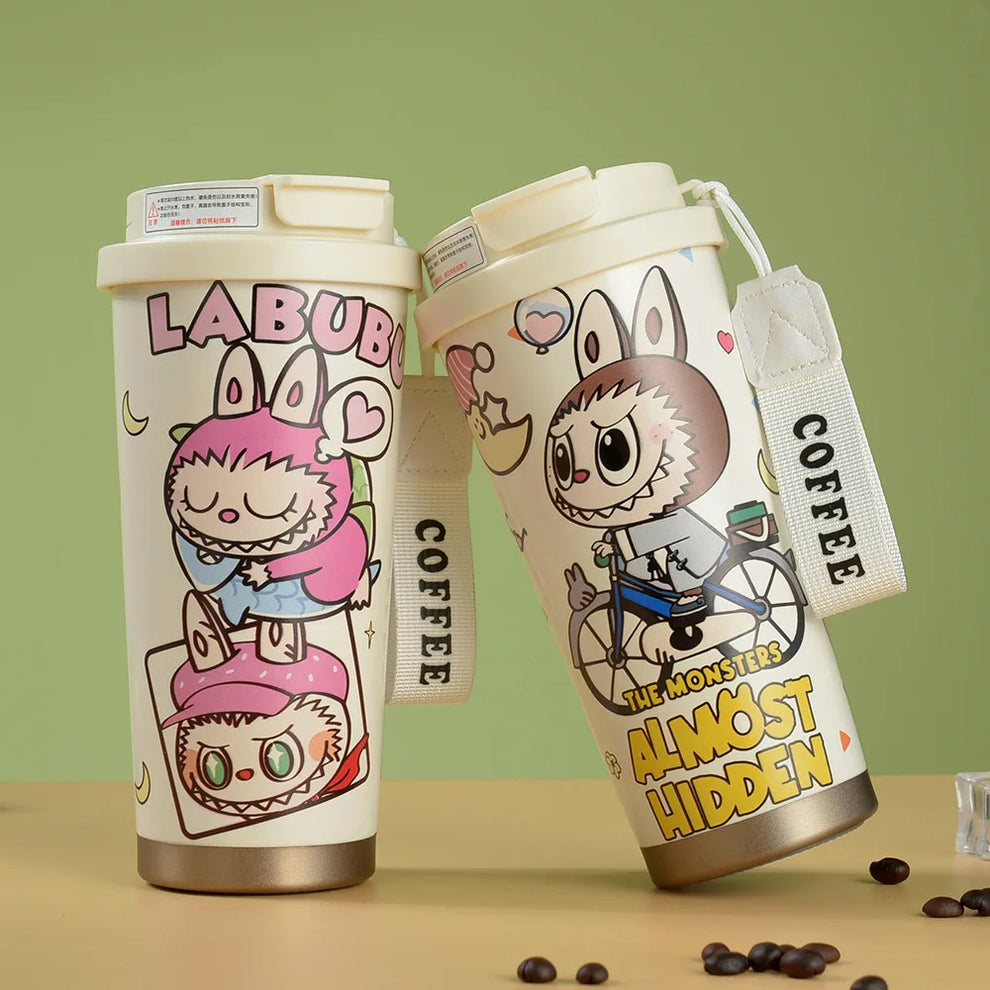 Labubu Cute Cartoon Coffee Thermos  Leakproof Portable Travel Mug with Lid