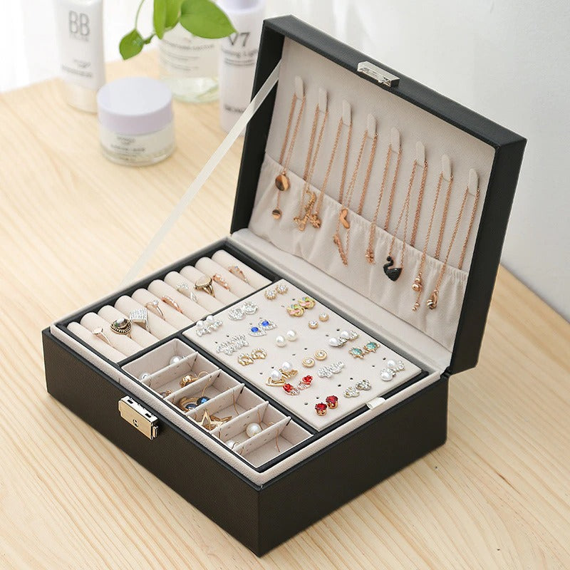 Premium Leather Jewelry Box Double Layer Storage