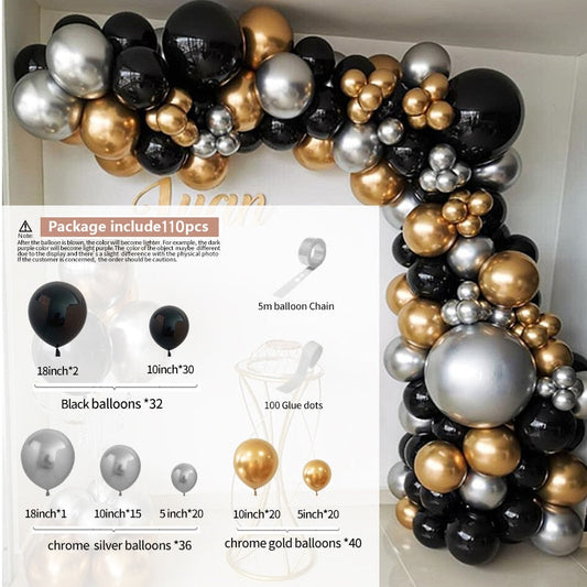 100pcs Chrome Silver Gold Balloons Arch Kit Black Balloon Garland