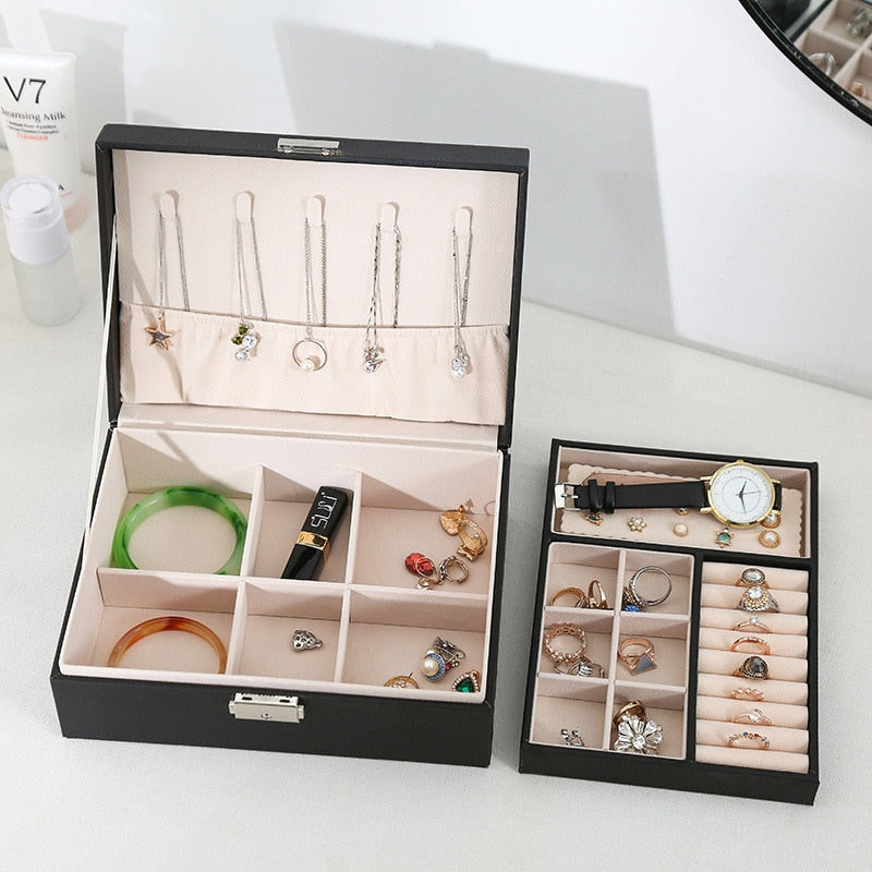 Large Double Layer Jewelry Organizer Earring Pendant Necklace Storage Box PU Leather Glasses Watch Women Cosmetics Lipstick Box