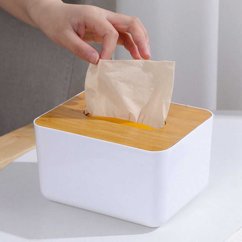 Multifunctional Bamboo Cover Tissue Box Creative Desktop Pumping Box Household Living Room Simple Plastic Napkin Storage Box