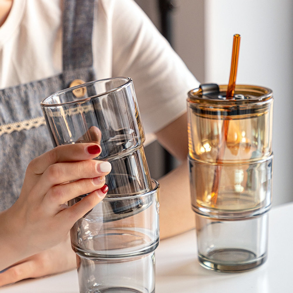 Coffee Cup Glass Mug Cups with Lids and Straws