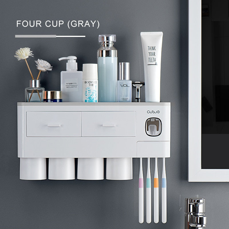 Bathroom Accessories Set Magnetic Adsorption Toothbrush Holder  Automatic Toothpaste Dispenser with Cup Wall Mount Storage Rack