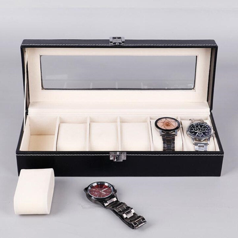 6 Grids Watch Box PU Leather Gray or Beige Inner Watch Case