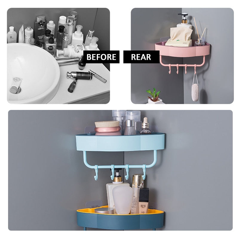 Triangle Storage Rack With Hooks Shampoo Shower Gel Storage Rack