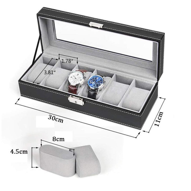 6 Grids Watch Box PU Leather Gray or Beige Inner Watch Case